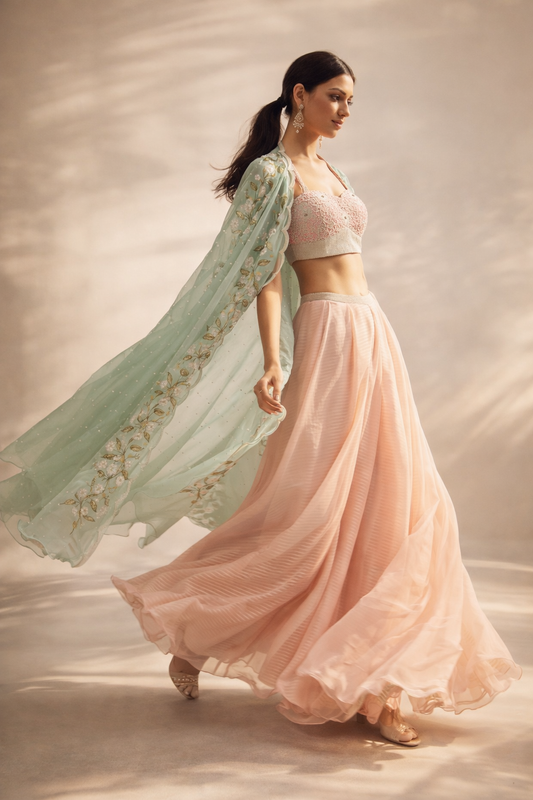 Eco Green Organza Digital Printed Cape Set