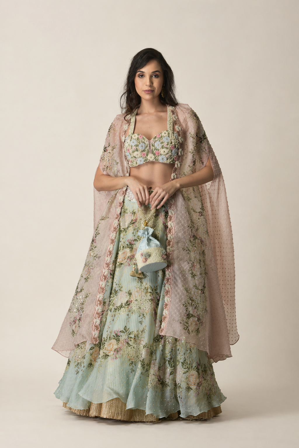 Floral Lehenga Ensemble with Detached Cape