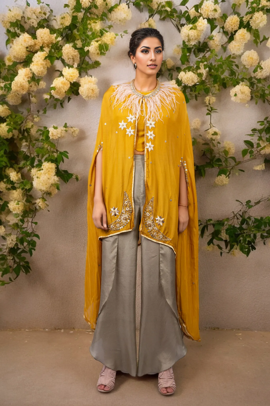 STAR MOON EMBROIDERED CAPE WITH RAW SILK CROPTOP