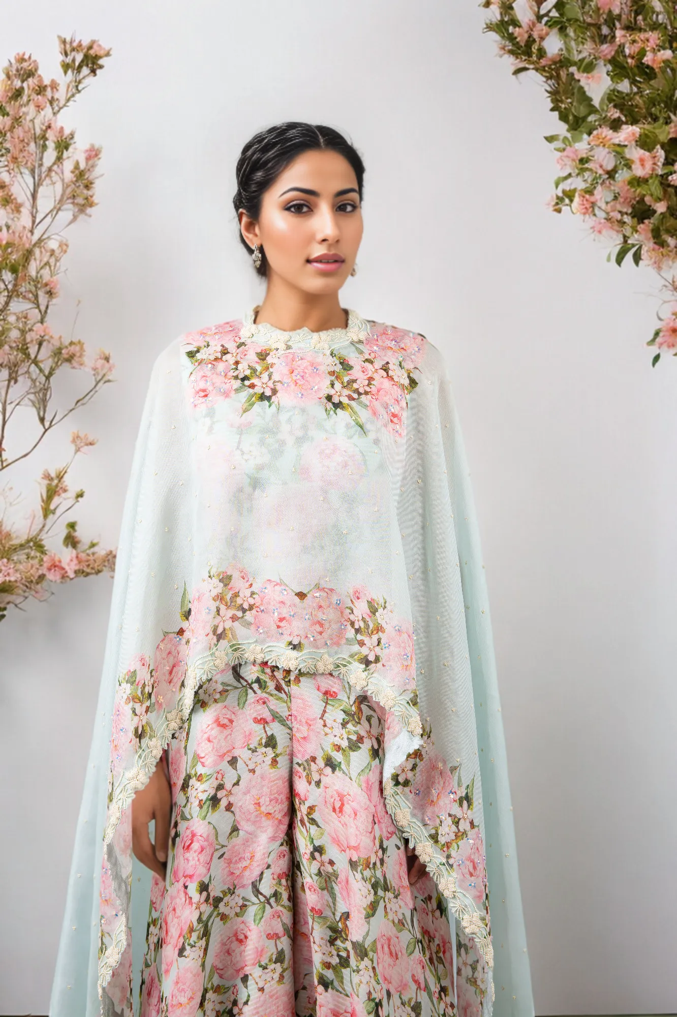 DIGITAL PRINT PEONIES JUMPSUIT WITH AQUA CUSTOM PRINTED CAPE
