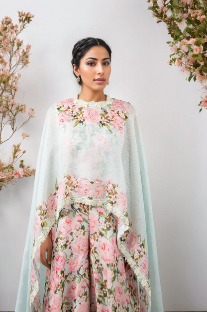 DIGITAL PRINT PEONIES JUMPSUIT WITH AQUA CUSTOM PRINTED CAPE