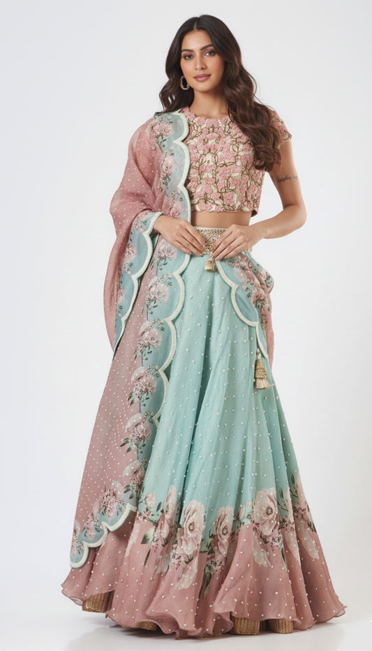 Green Raw Silk Printed Lehenga Set