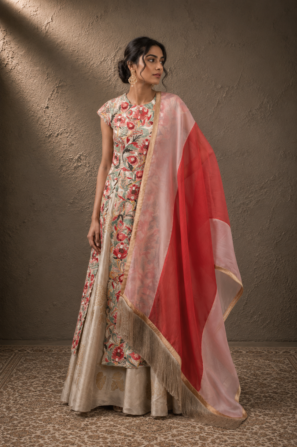 The Crimson Flora High-Slit Kurta & Champagne Tussar Lehenga