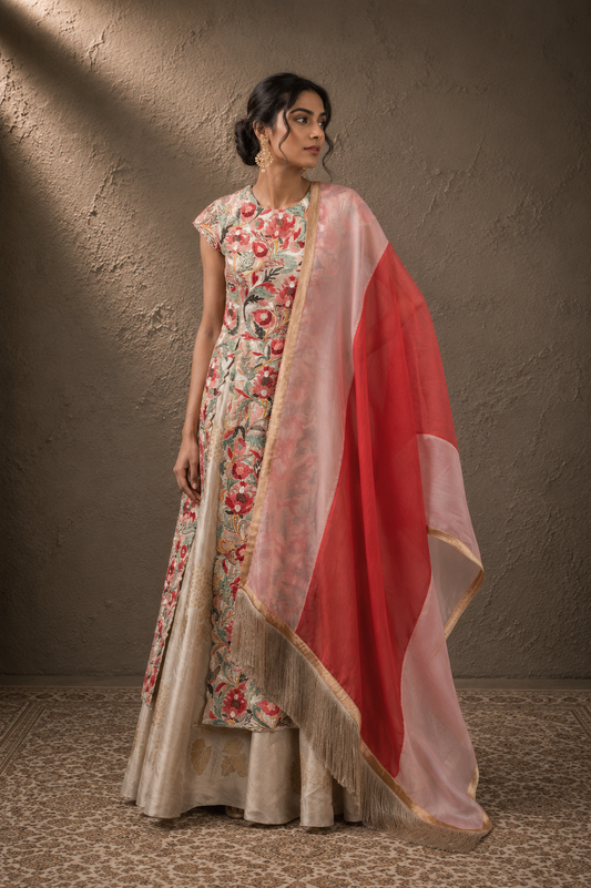 The Crimson Flora High-Slit Kurta & Champagne Tussar Lehenga
