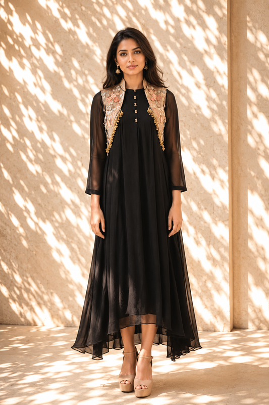 Midnight Black Anarkali with Embroidered 3D Floral Waistcoat
