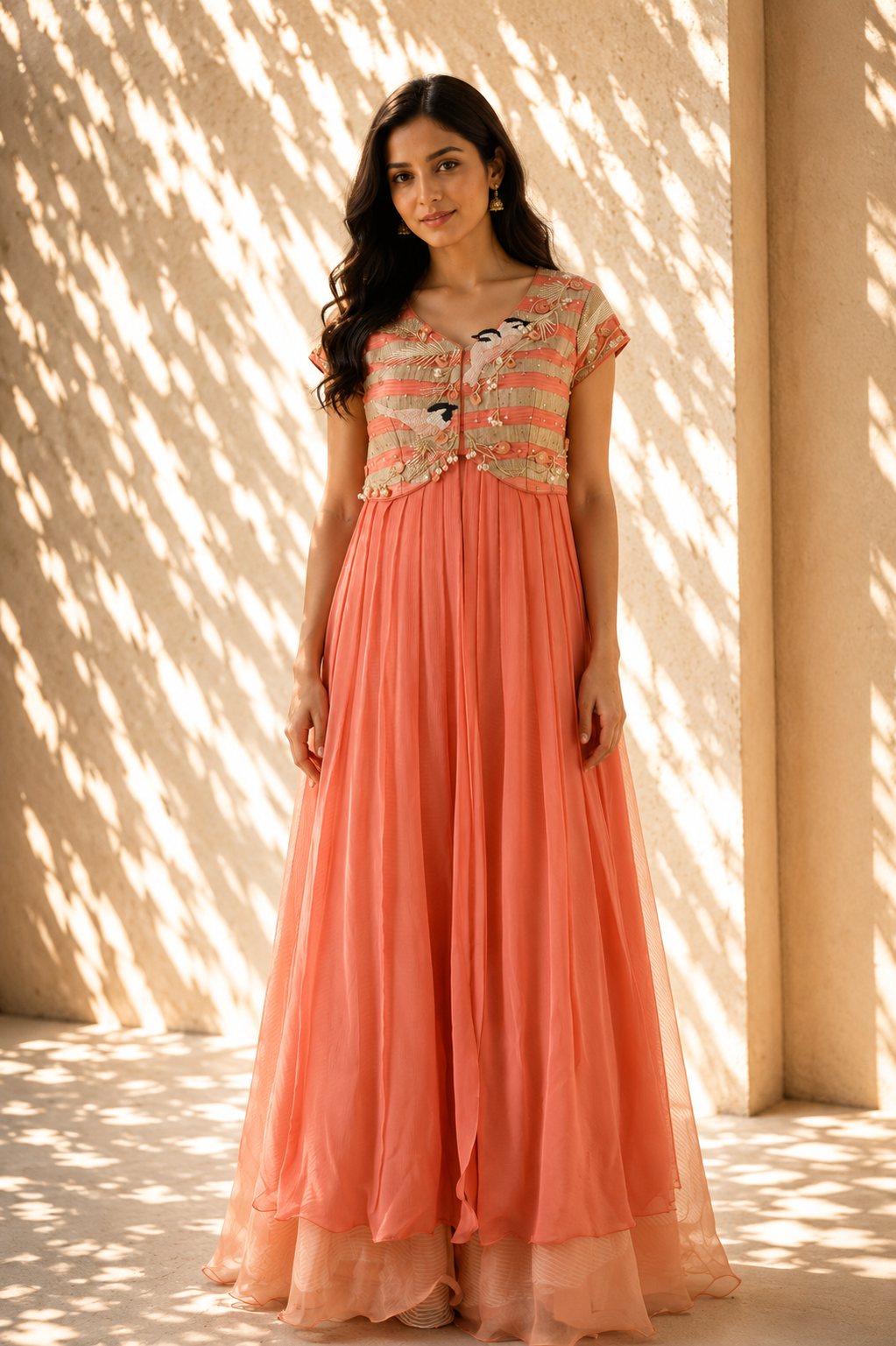 Coral Nectar Anarkali with Bird Motif