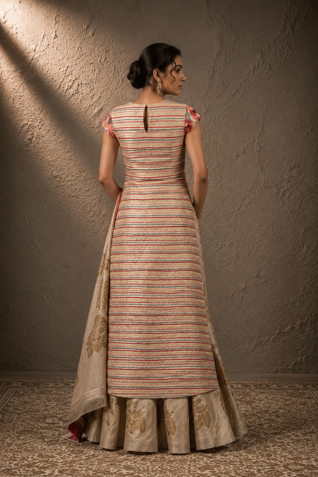 The Crimson Flora High-Slit Kurta & Champagne Tussar Lehenga