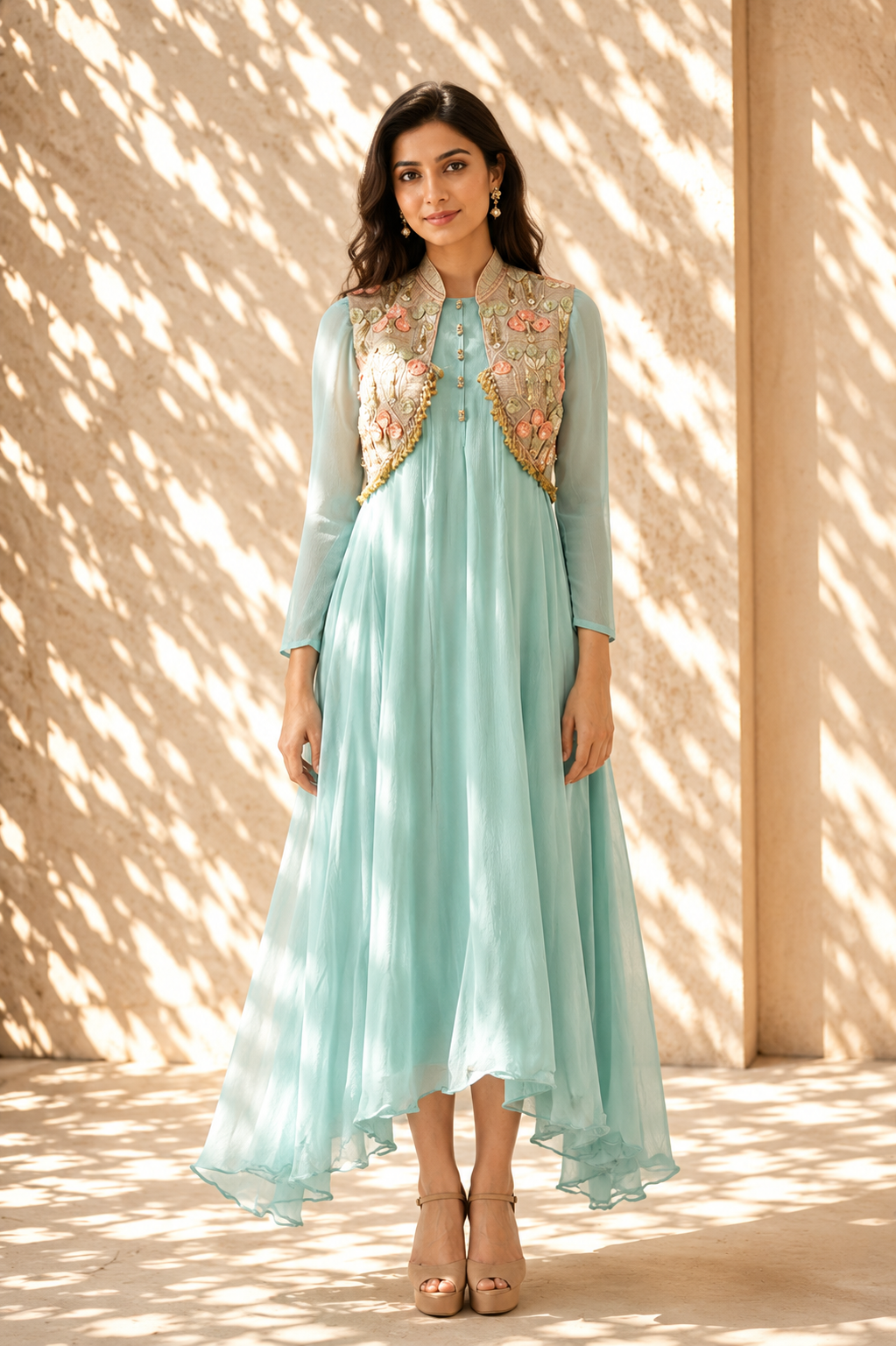 Seafoam Blue Anarkali with Embroidered 3D Floral Waistcoat