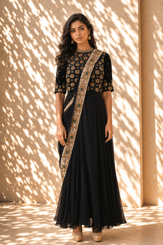 Midnight Black Embroidered Anarkali Gown with Attached Drape