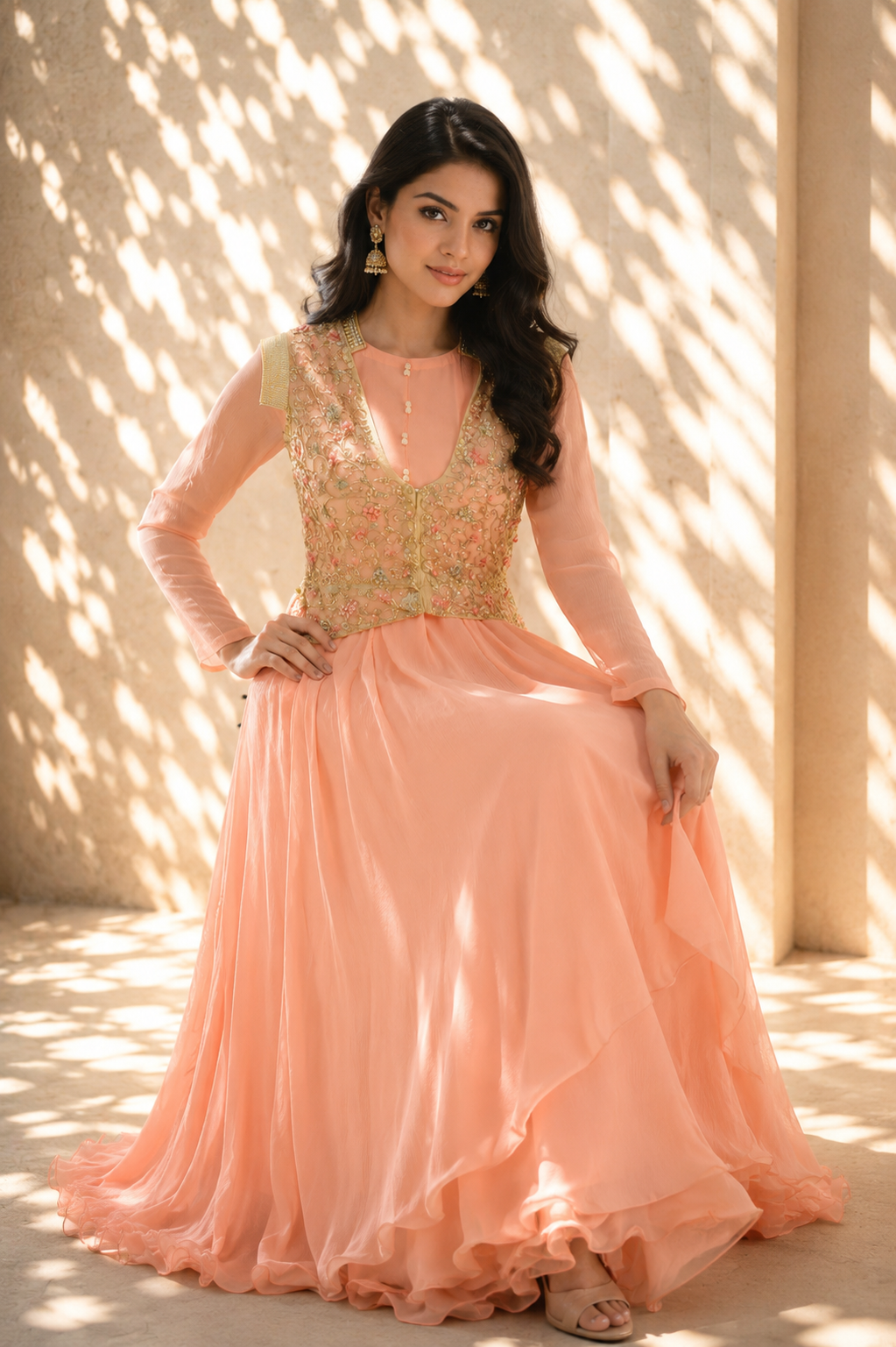 Peach Nectar Anarkali with Embroidered Zardosi Waistcoat