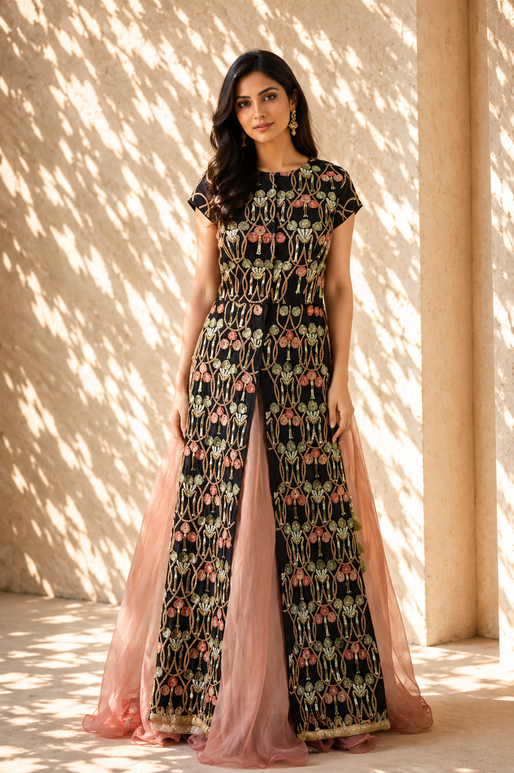 Midnight Black Heavily Embroidered Front-Open Anarkali Gown