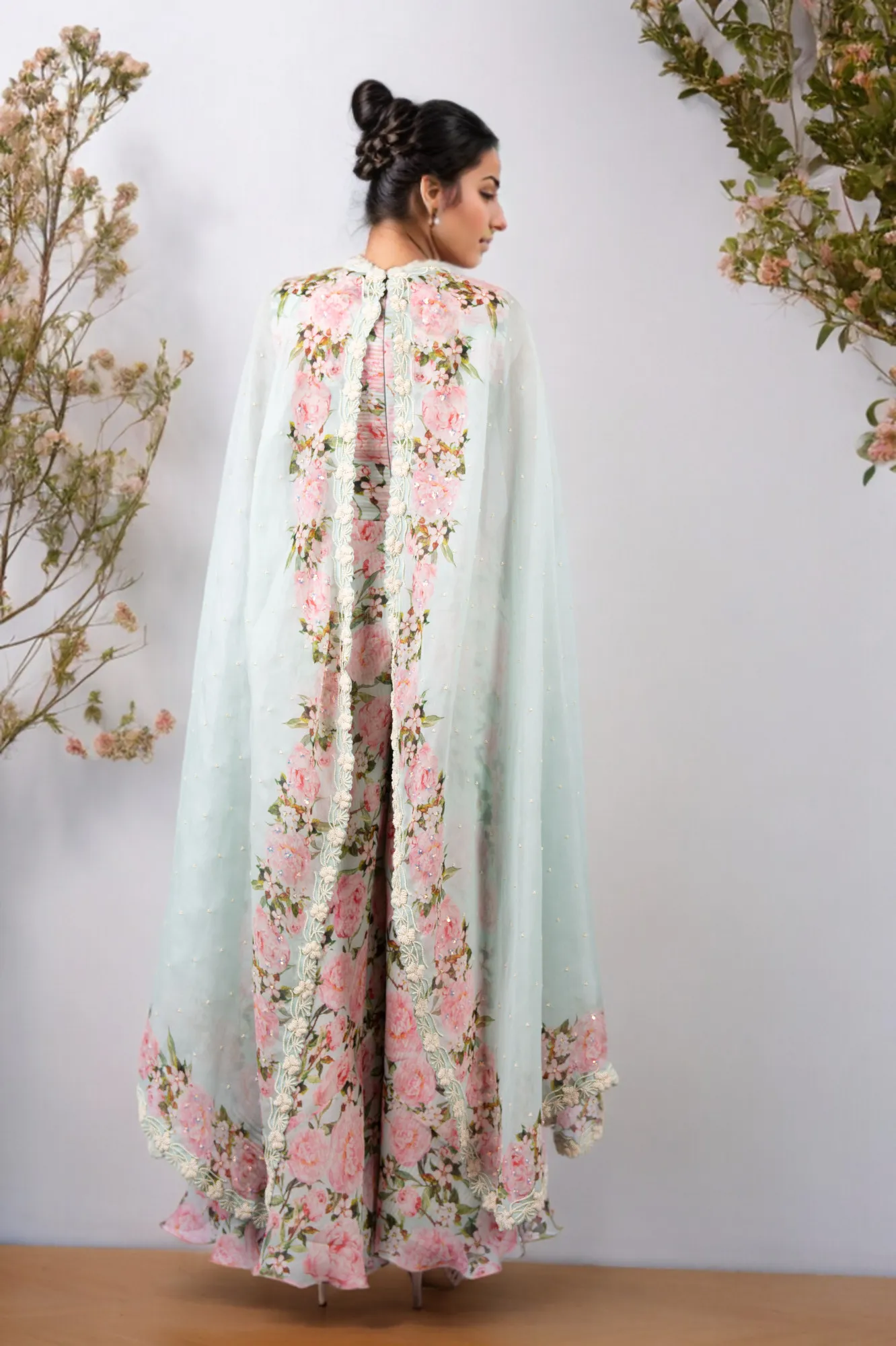 DIGITAL PRINT PEONIES JUMPSUIT WITH AQUA CUSTOM PRINTED CAPE
