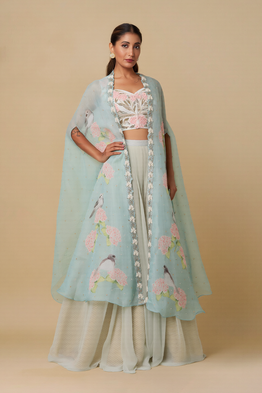 Ethereal Powder Blue Floral & Bird Print Cape Set Yashodhara