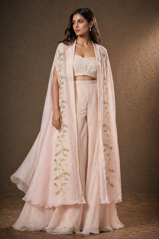 Blush Rose Floral Embroidered Cape & Flared Palazzo Set