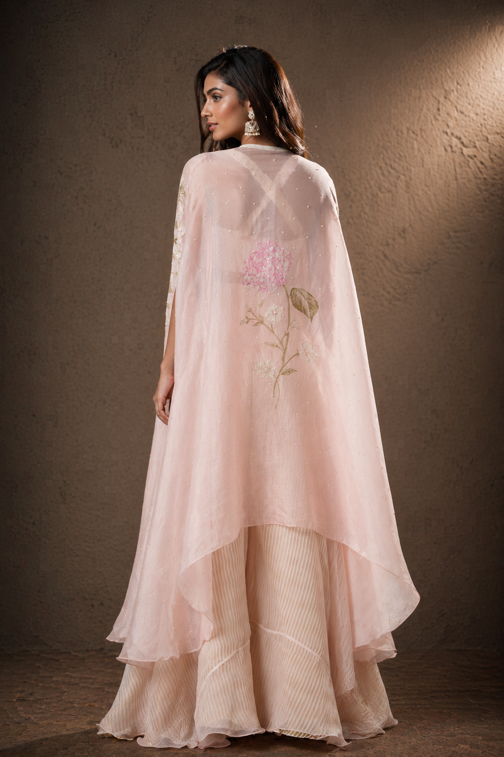 Blush Rose Floral Embroidered Cape & Flared Palazzo Set