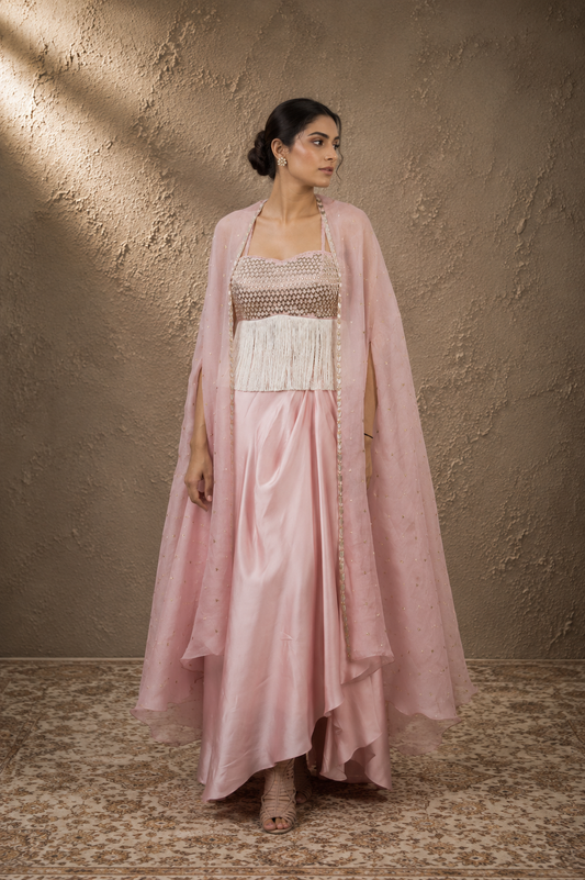 Rose Quartz Fringed Bustier & Draped Cape Set