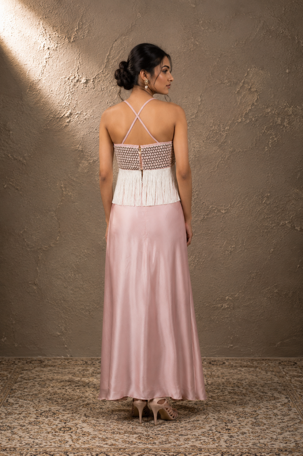 Rose Quartz Fringed Bustier & Draped Cape Set