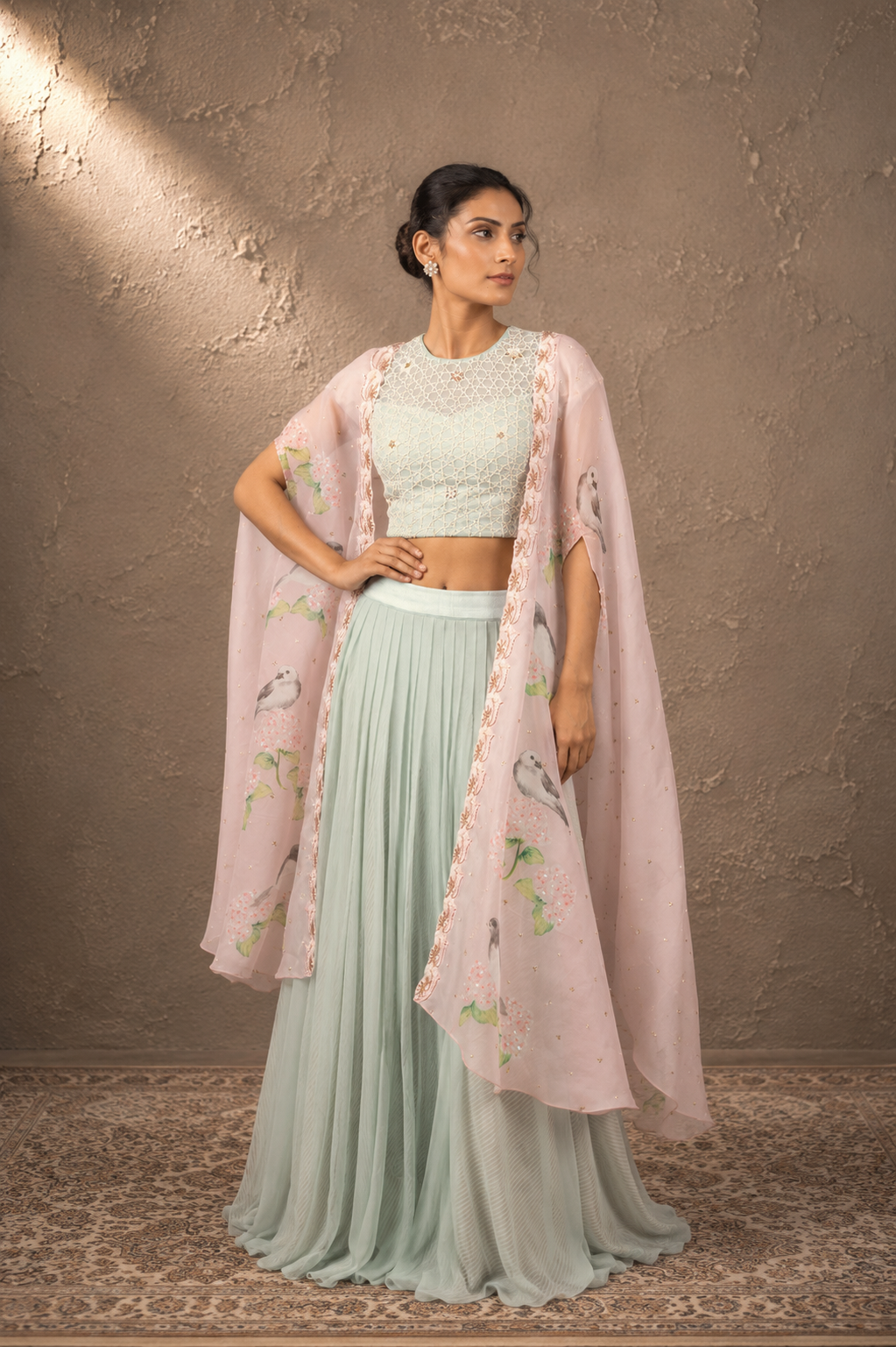 Mint Green & Blush Pink Bird Print Cape Set
