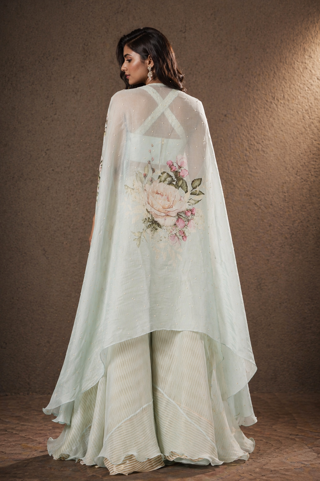 Pistachio Green Botanical Cape & Flared Palazzo Fusion Set