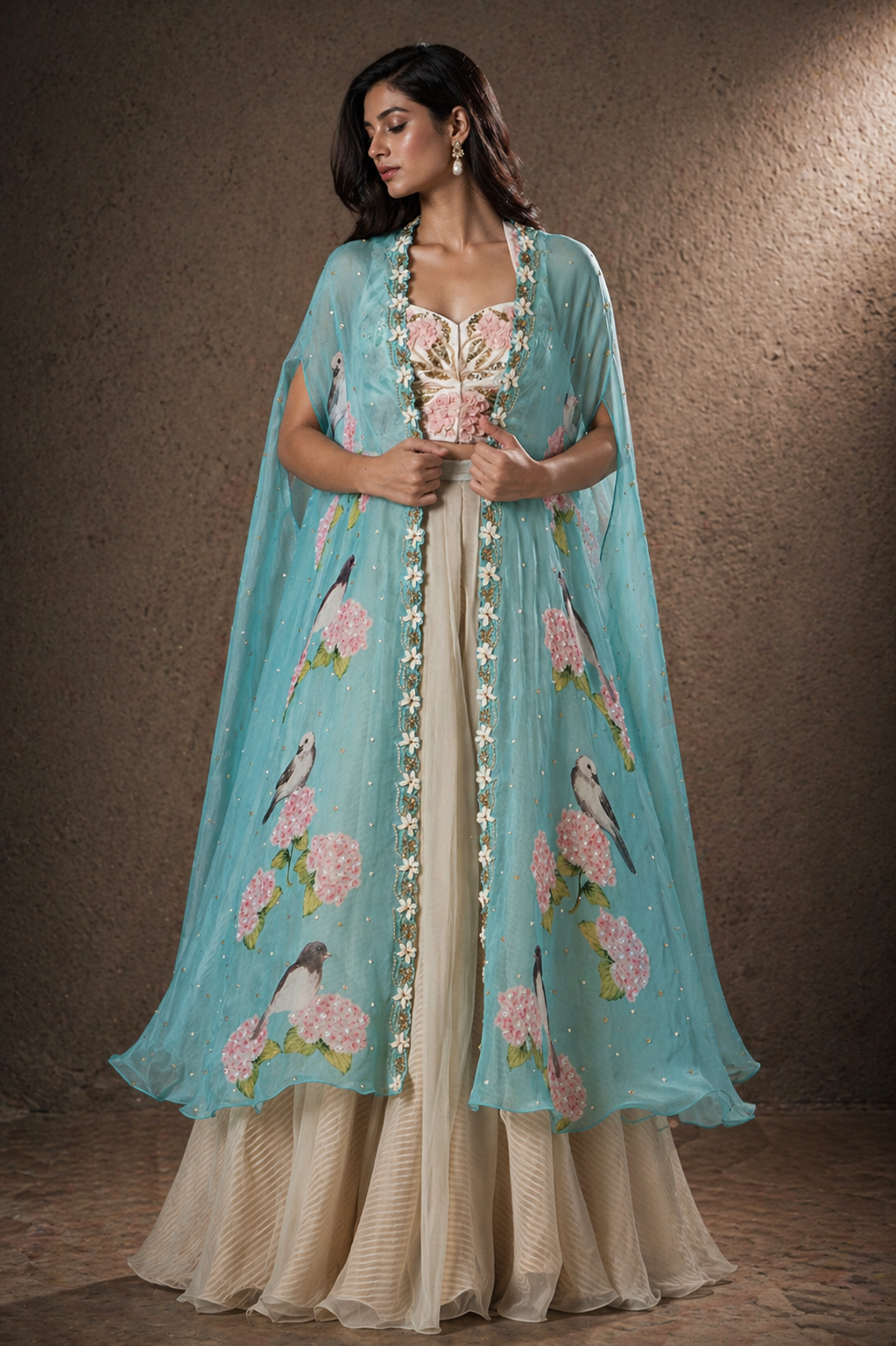 Turquoise Avian Cape & Champagne Fusion Set with 3D Floral Bustier