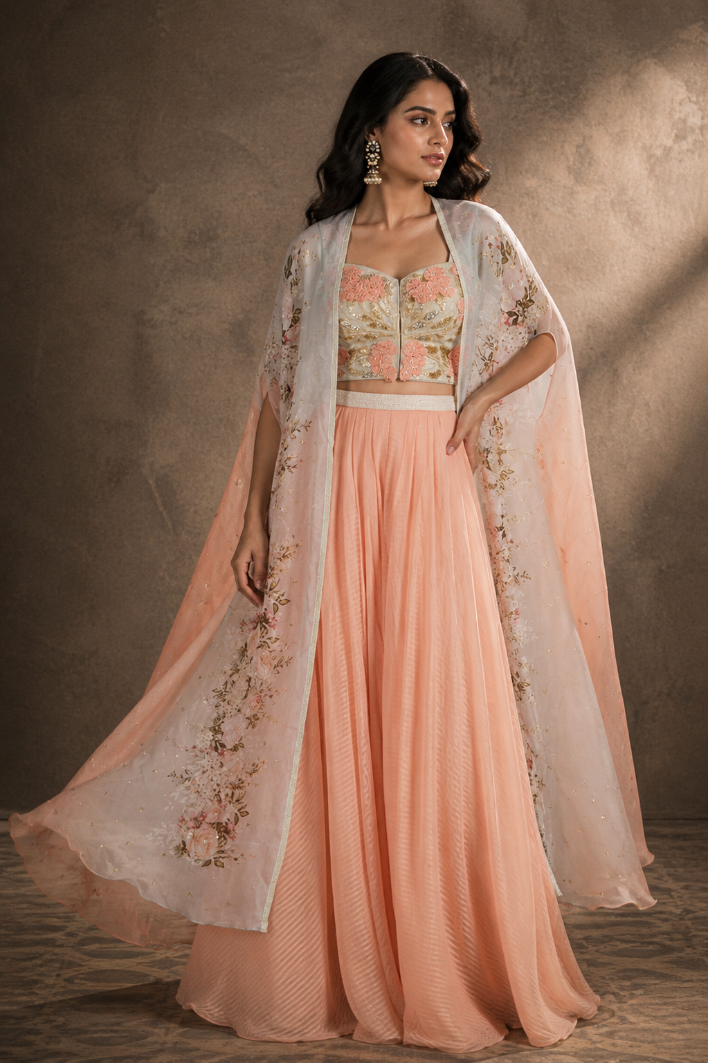 Peach 3D Floral Bustier & Cape Set