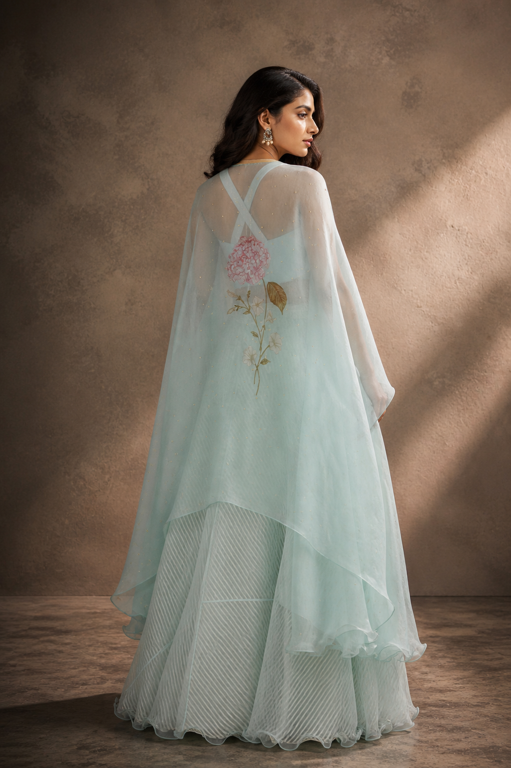 Ice Blue Embroidered Bustier & Floral Cape Palazzo Set