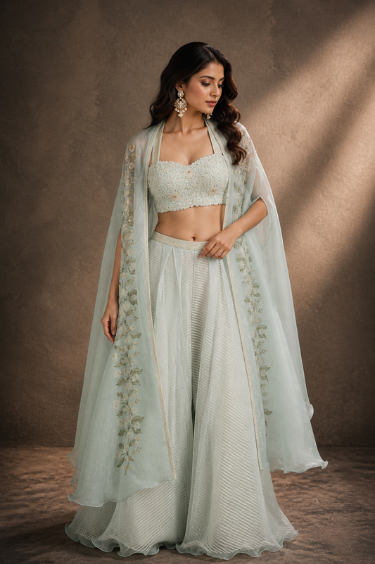 Ice Blue Embroidered Bustier & Floral Cape Palazzo Set