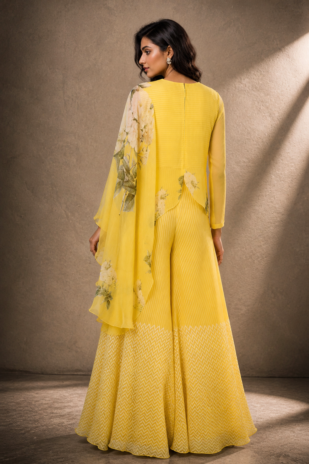 Yellow Block Printed Jumpsuit With Cape