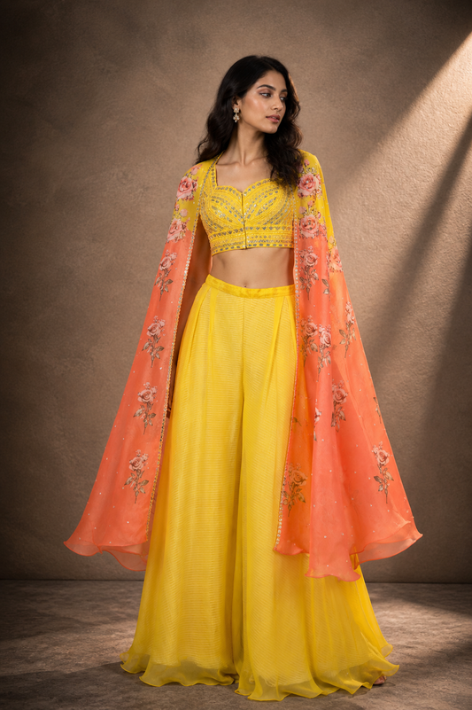 Yellow Raw Silk Palazzo Pant Set