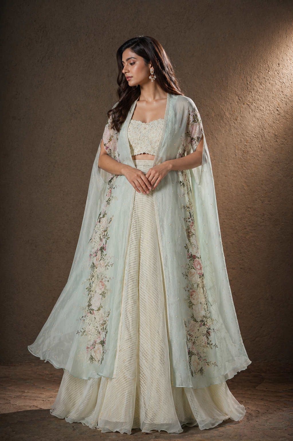 Pistachio Green Botanical Cape & Flared Palazzo Fusion Set