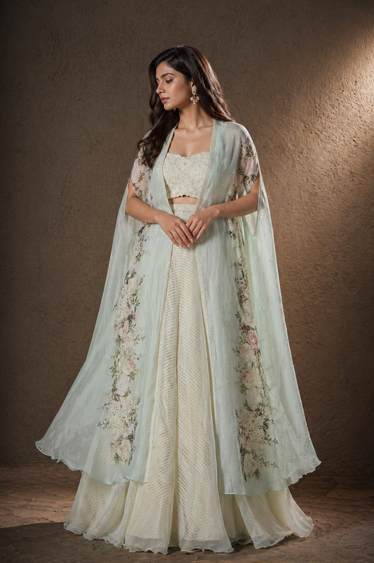 Pistachio Green Botanical Cape & Flared Palazzo Fusion Set