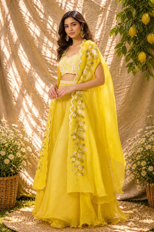 Yellow Embroidered Cape Set