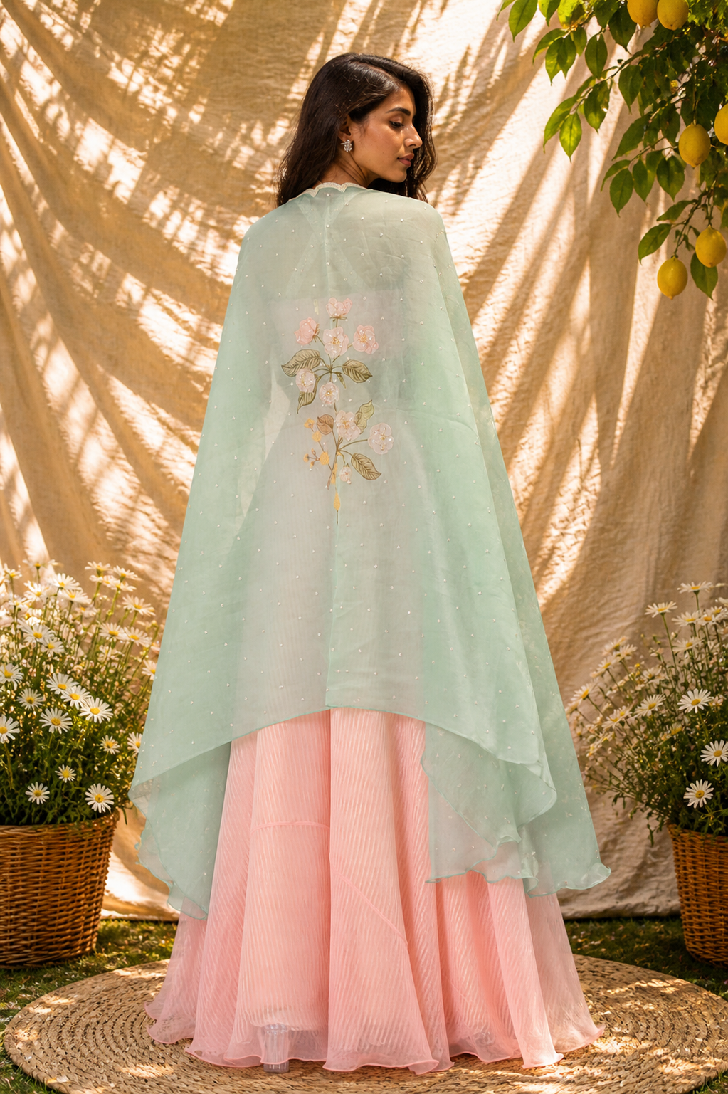 Baby Pink Embroidered Palazzo Pant Set With Cape