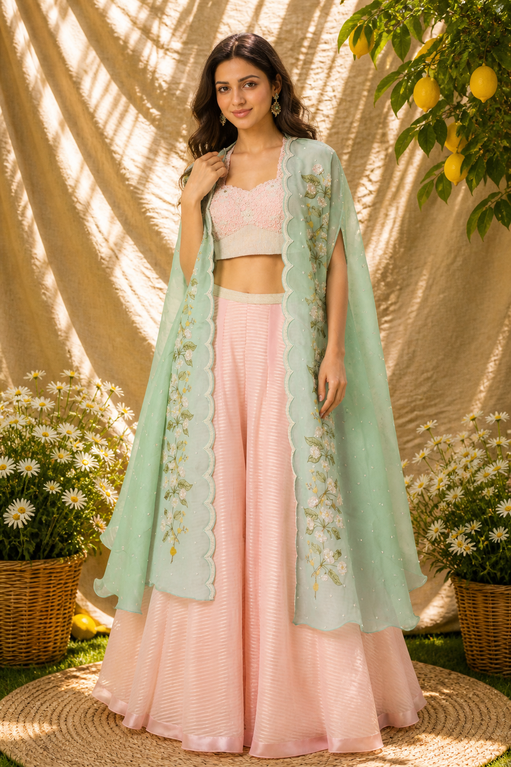 Baby Pink Embroidered Palazzo Pant Set With Cape