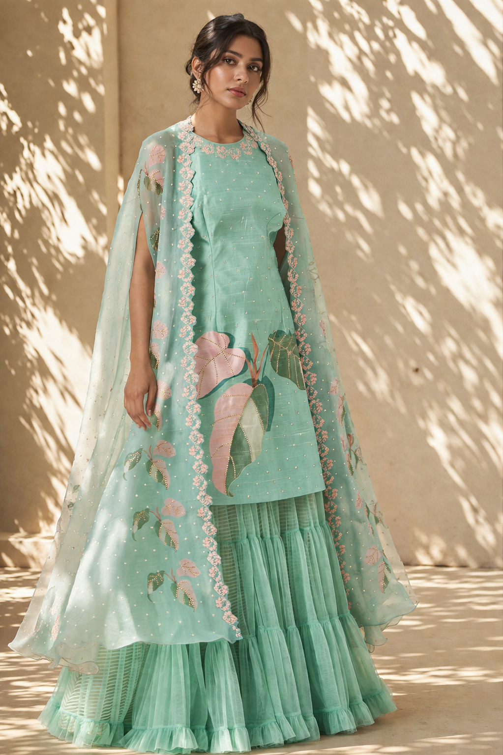 Mint Aqua Botanical Cape & Tiered Sharara Fusion Set