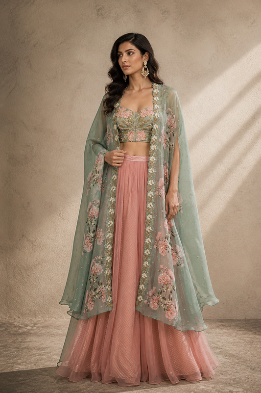 Green & Pink Embroidered Cape Set