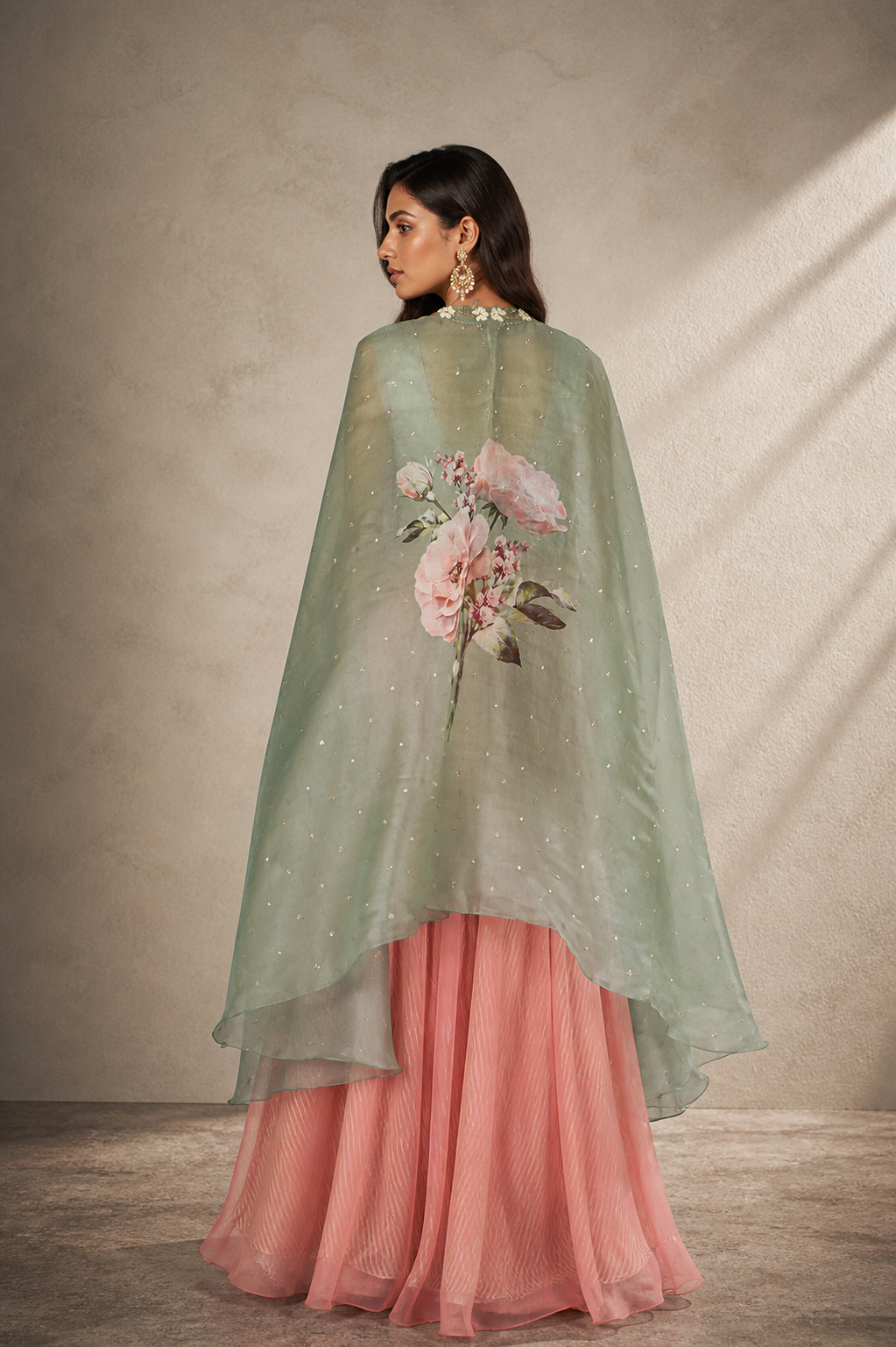 Green & Pink Embroidered Cape Set