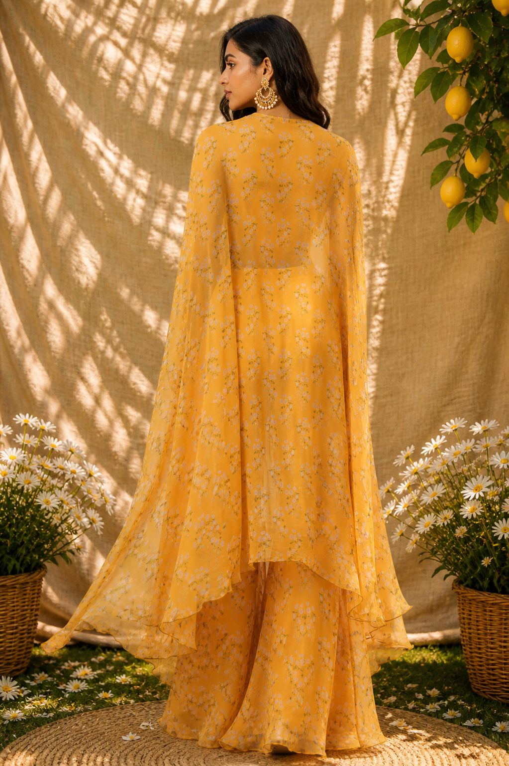 Sun-Kissed Marigold Cape Set with Sequined Bustier