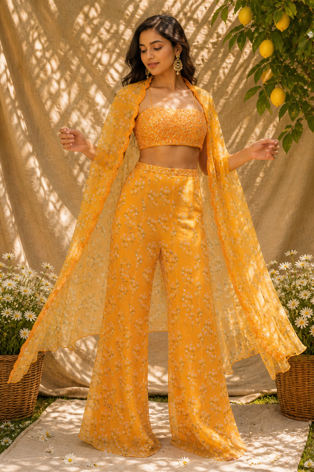 Sun-Kissed Marigold Cape Set with Sequined Bustier