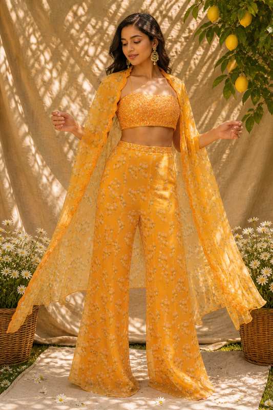 Sun-Kissed Marigold Cape Set with Sequined Bustier