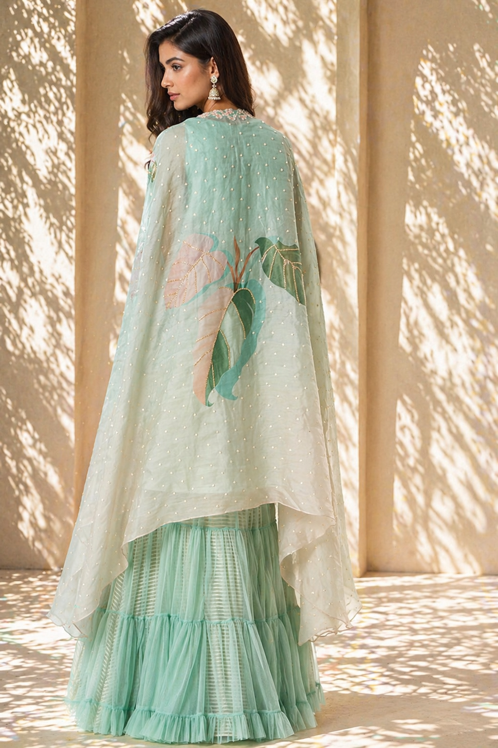 Mint Aqua Botanical Cape & Tiered Sharara Fusion Set