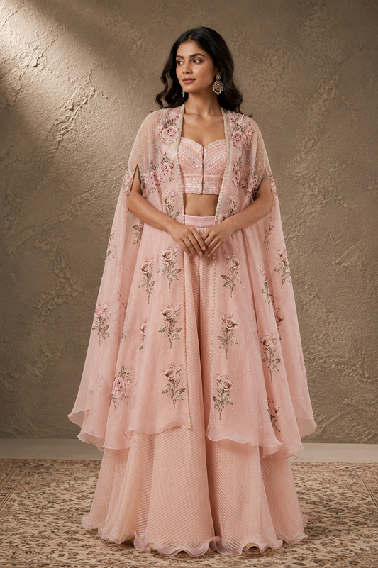 Blush Pink Raw Silk Printed Cape Set