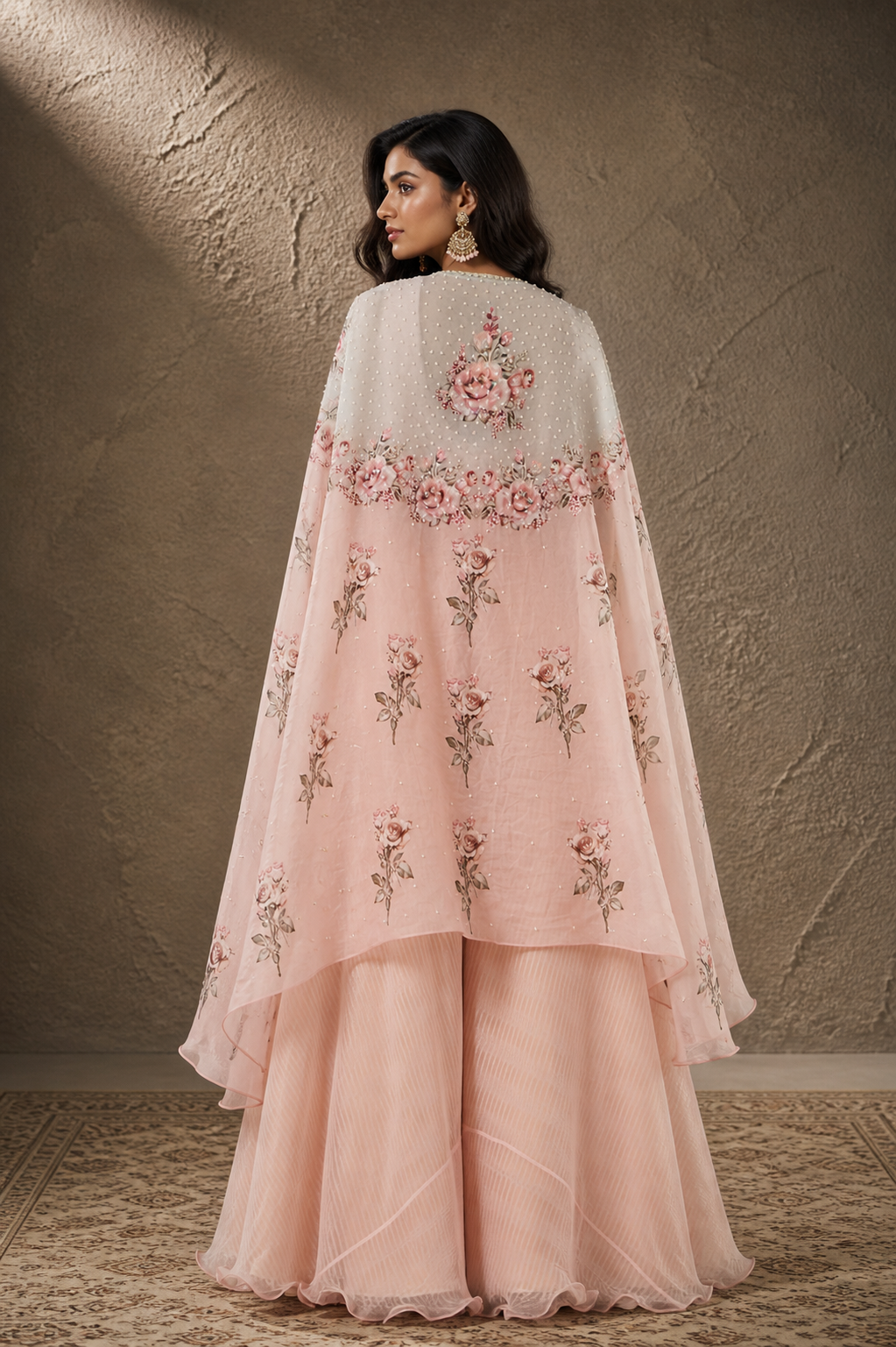 Blush Pink Raw Silk Printed Cape Set