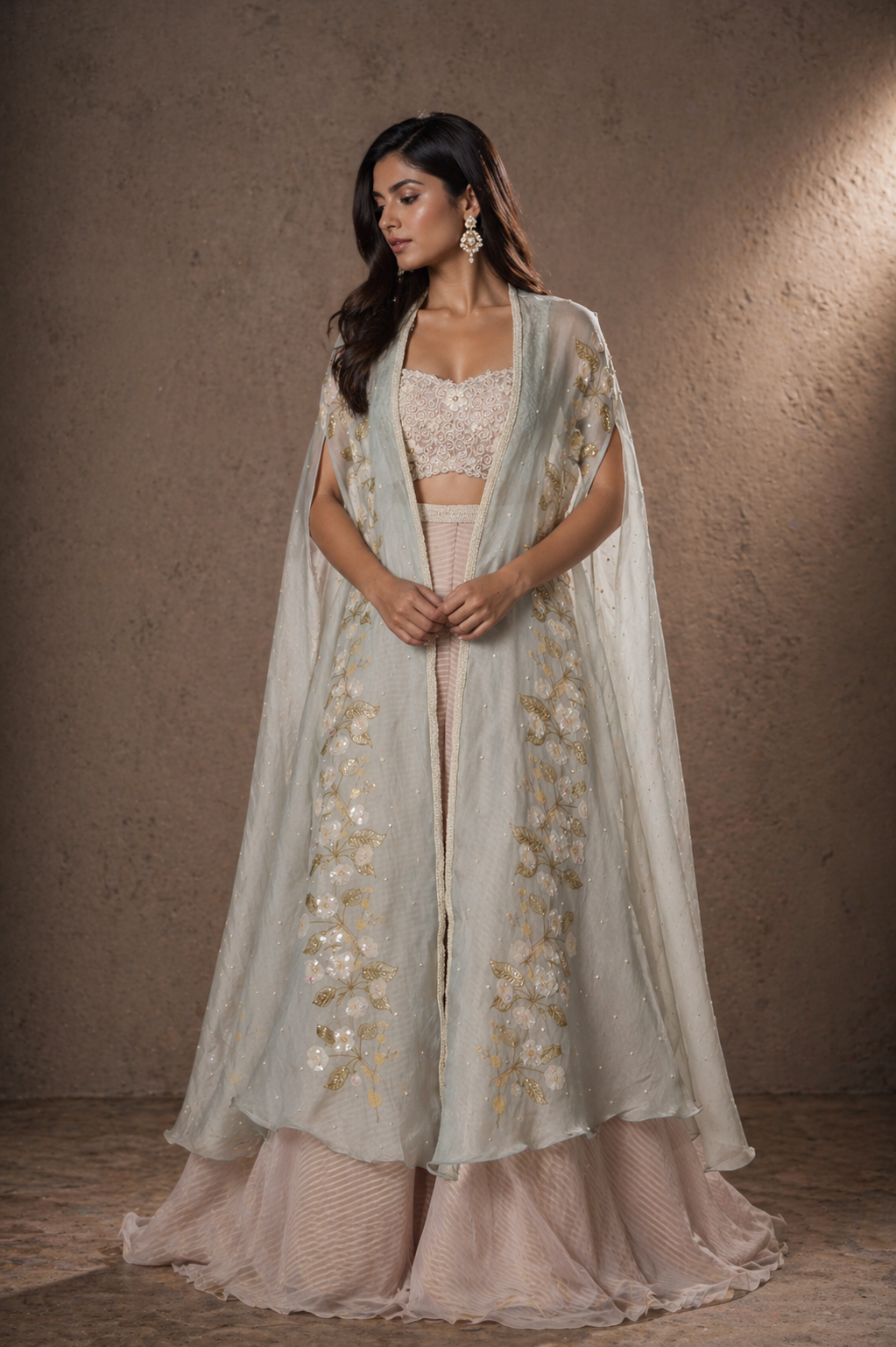Dusty Sage Floral Cape & Champagne Flared Palazzo Set