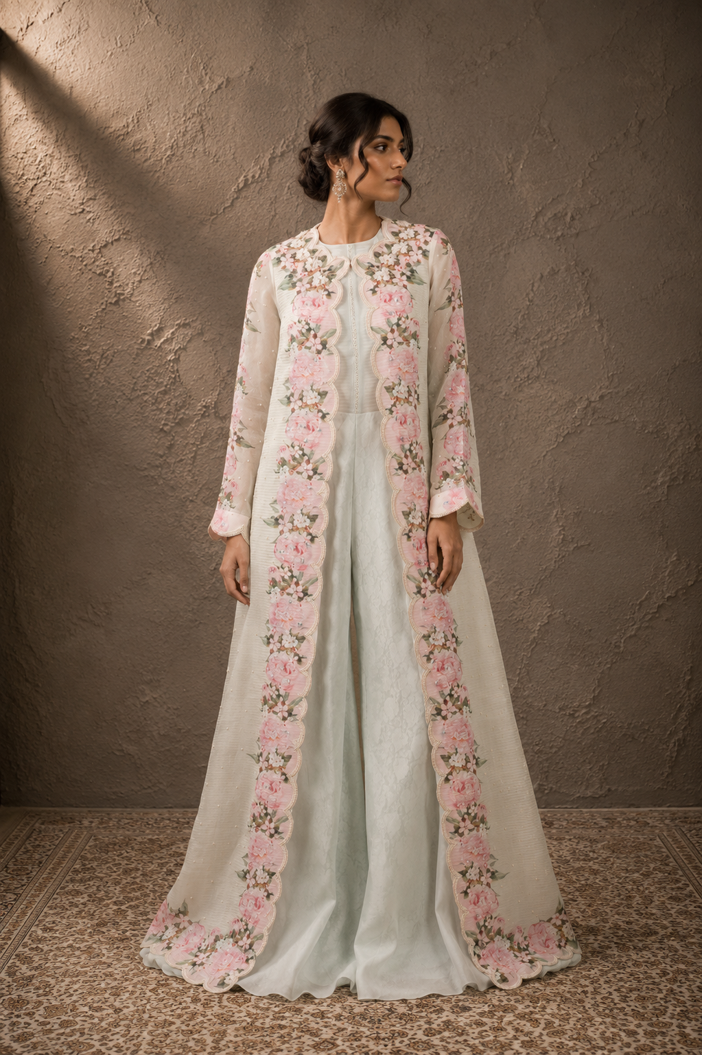 The Ivory Peony Scalloped Cape & Mint Jumpsuit Set