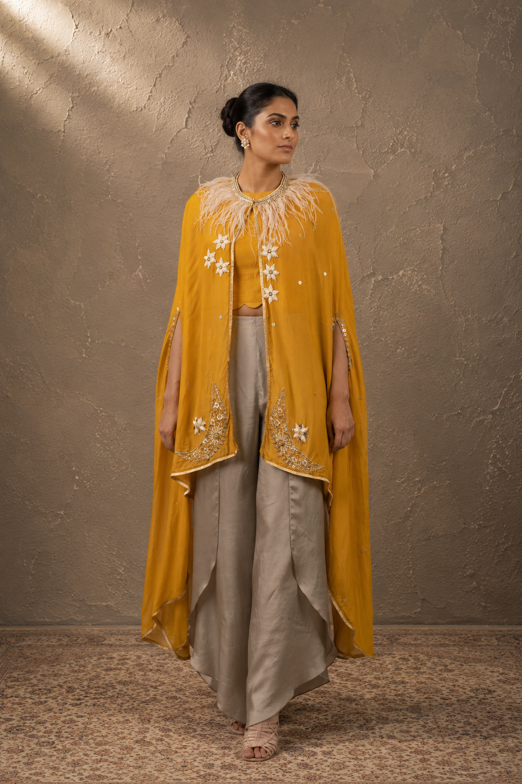 Mustard Feather-Trimmed Cape & Tulip Pant Set