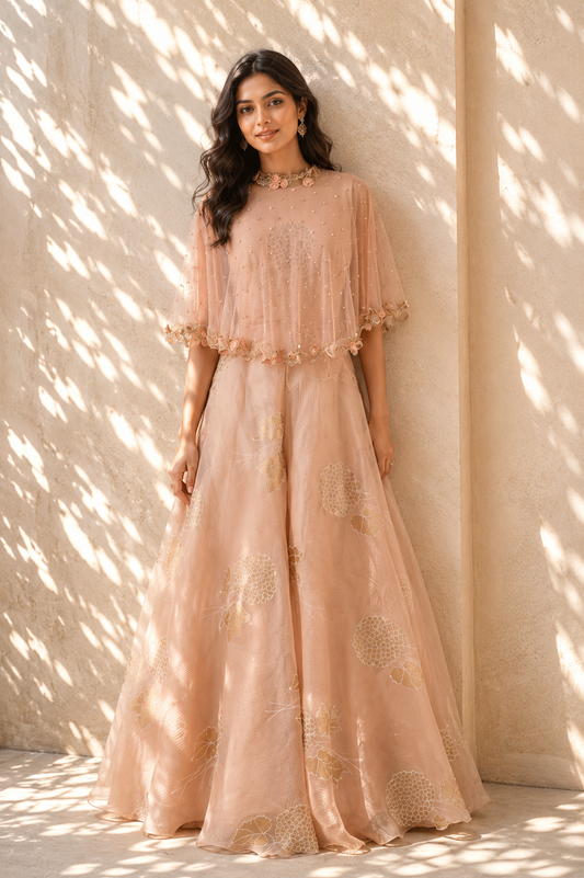 Blush Peach 3D Floral Cape Set