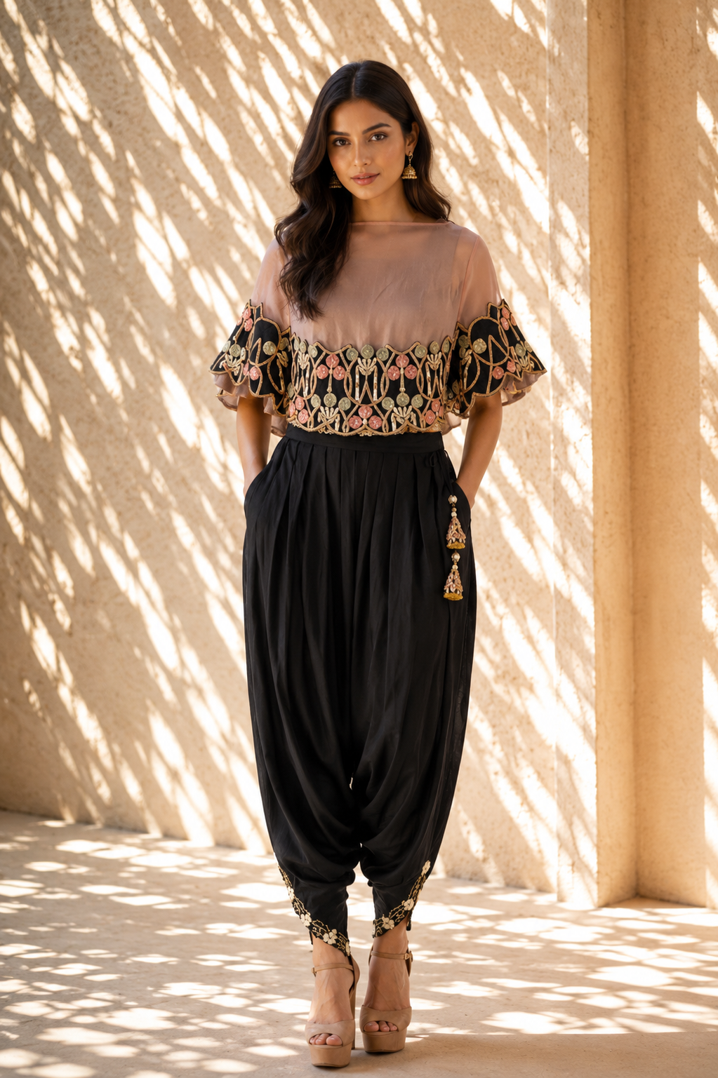 Midnight Black Embroidered Cape & Dhoti Pant Set