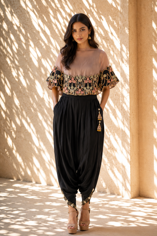Midnight Black Embroidered Cape & Dhoti Pant Set
