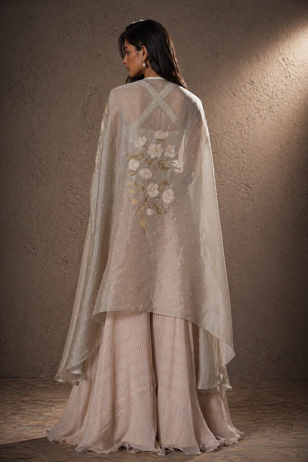 Dusty Sage Floral Cape & Champagne Flared Palazzo Set